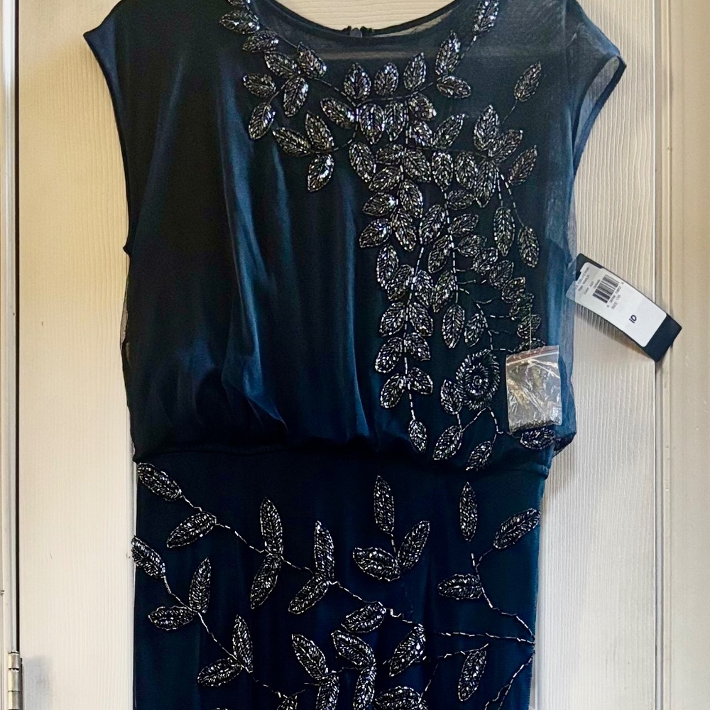 JS Collections Navy Blue Beaded Leaf Chiffon Trumpet Gown Size 4 Orig $298